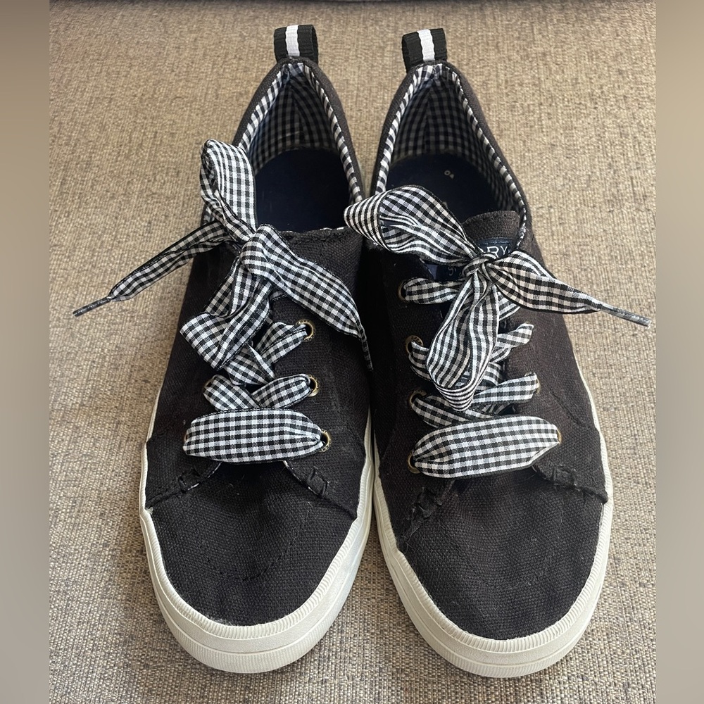 Sperry Crest Vibe Black Canvas Sneakers with Gingham Laces